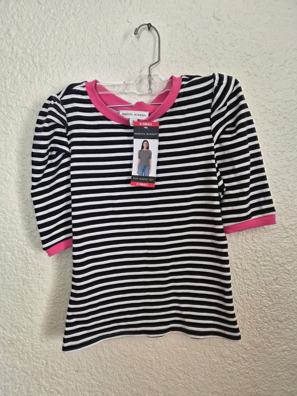 Rebecca Minkoff Black & White Striped Tee with Hot Pink Trim